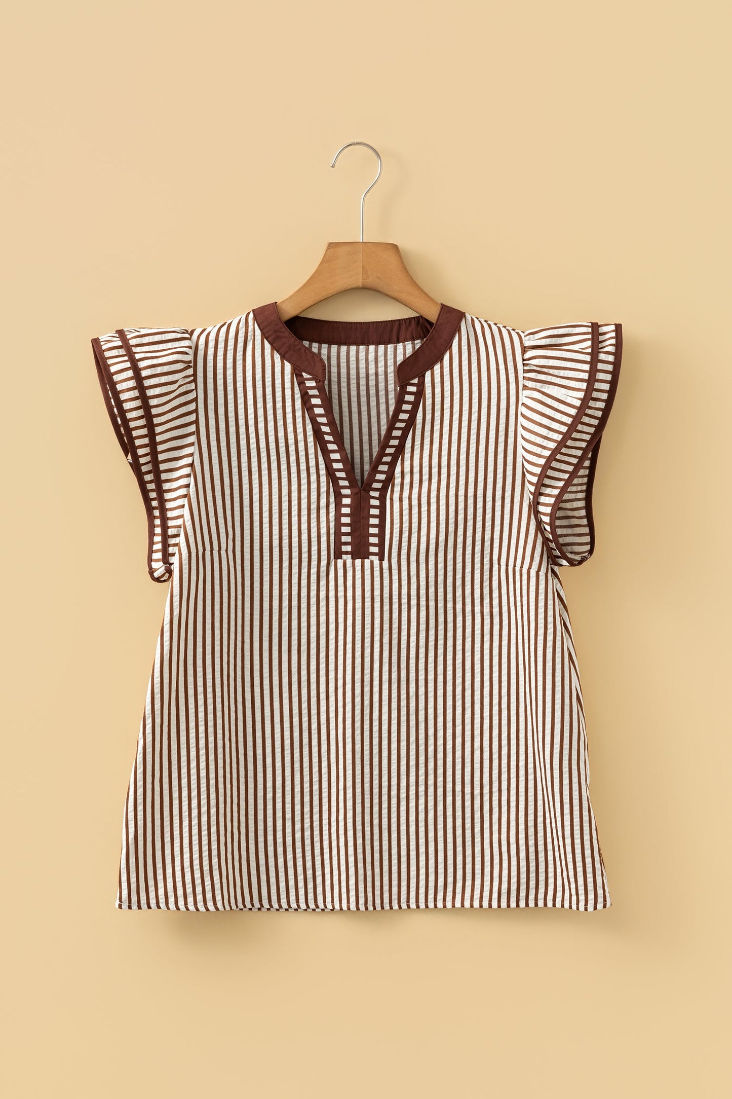 Double Stripe Ruffle Short Sleeve V-Neck Blouse
