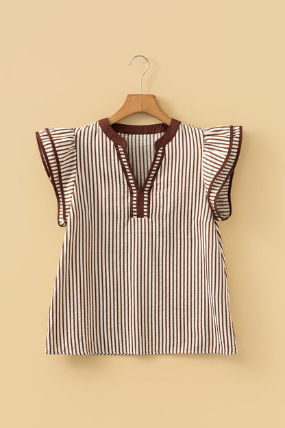 Double Stripe Ruffle Short Sleeve V-Neck Blouse