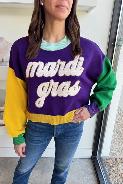 Colorblock Patchwork Fuzzy Mardi Gras Graphic Sweater