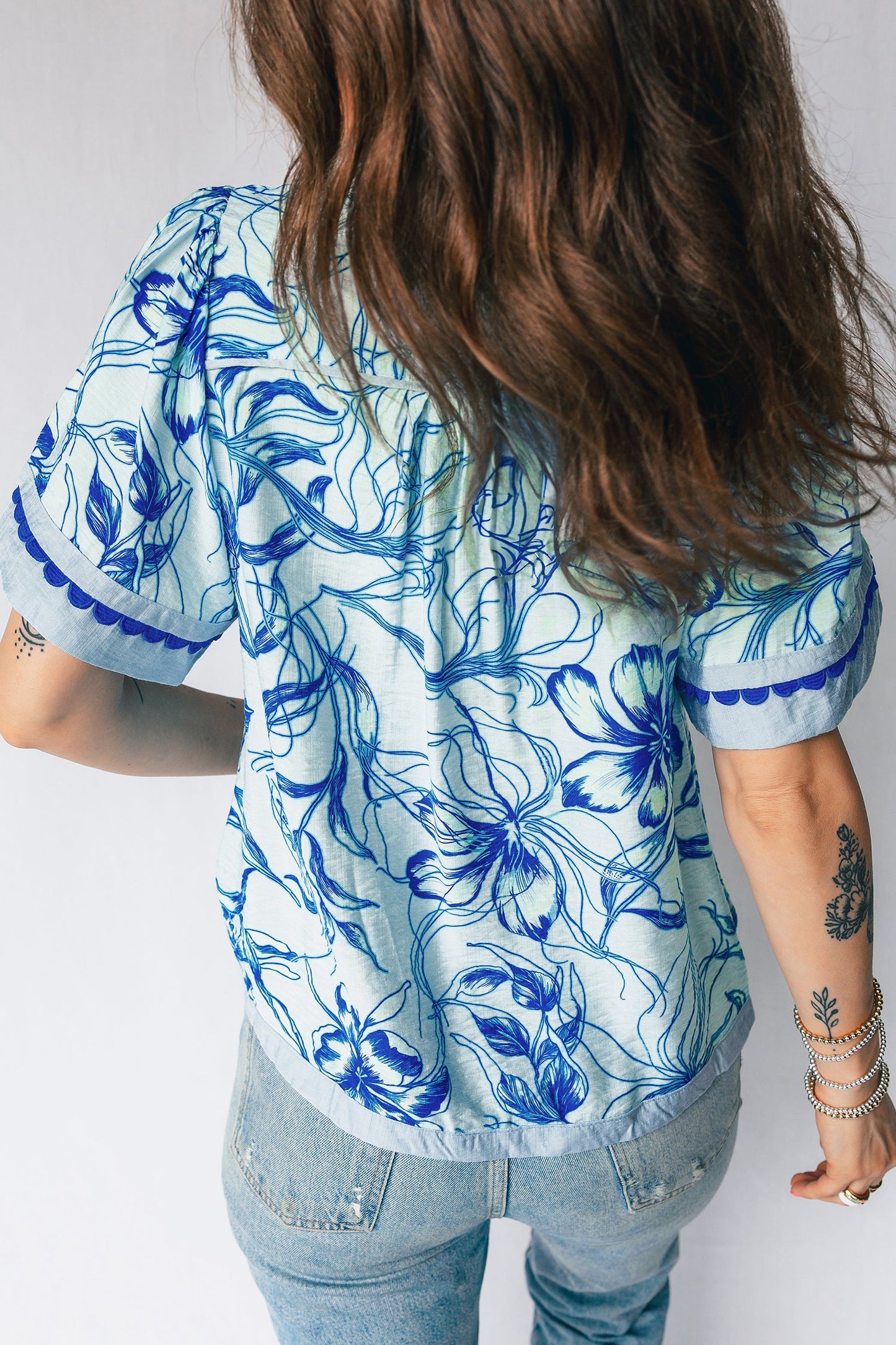 Floral Ricrac Trim V-Neck Blouse
