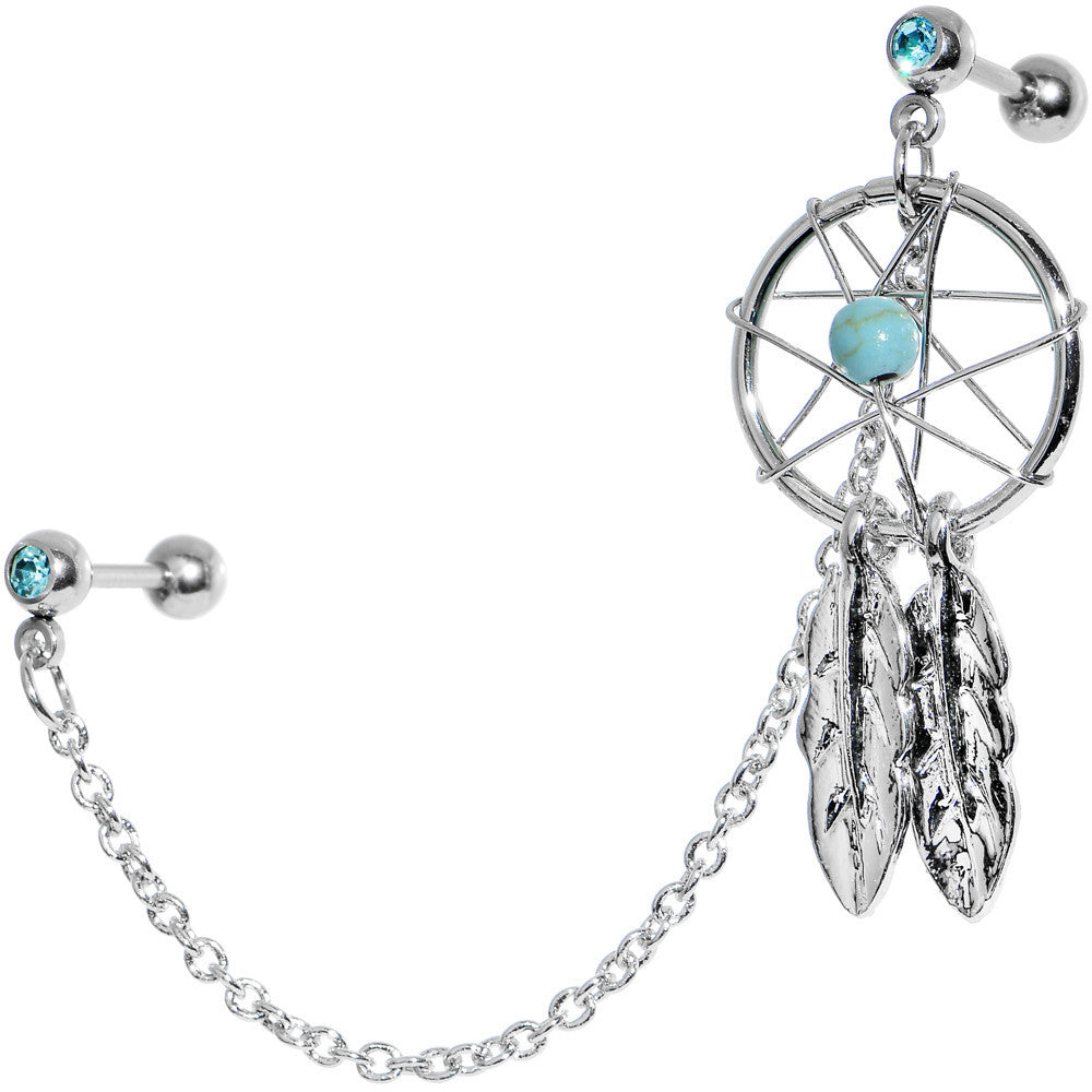 16G Aqua Gem Inspire Dreamcatcher Cartilage to Cartilage Chain Earring