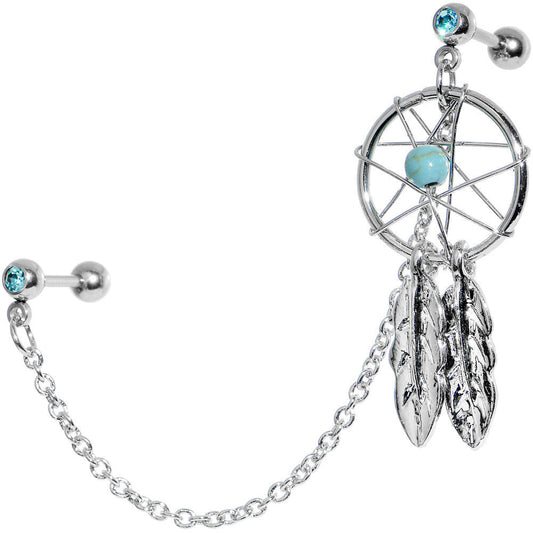 16G Aqua Gem Inspire Dreamcatcher Cartilage to Cartilage Chain Earring