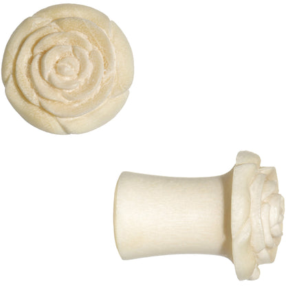 0G Organic White Crocodile Wood Rose Flower Hand Carved Plug Set