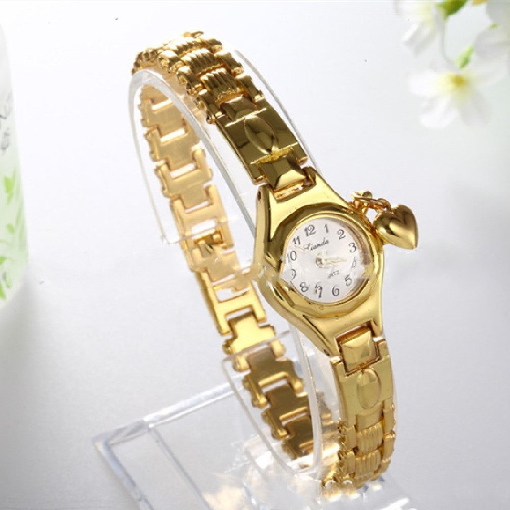 Gold Women's Rhinestone Heart Bracelet Watch