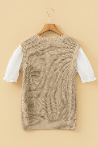 Round Neck Knit Contrast Short Sleeve Sweater