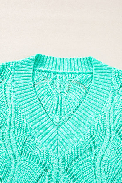 Hollow-Out Knit V-Neck Drop Shoulder Sweater