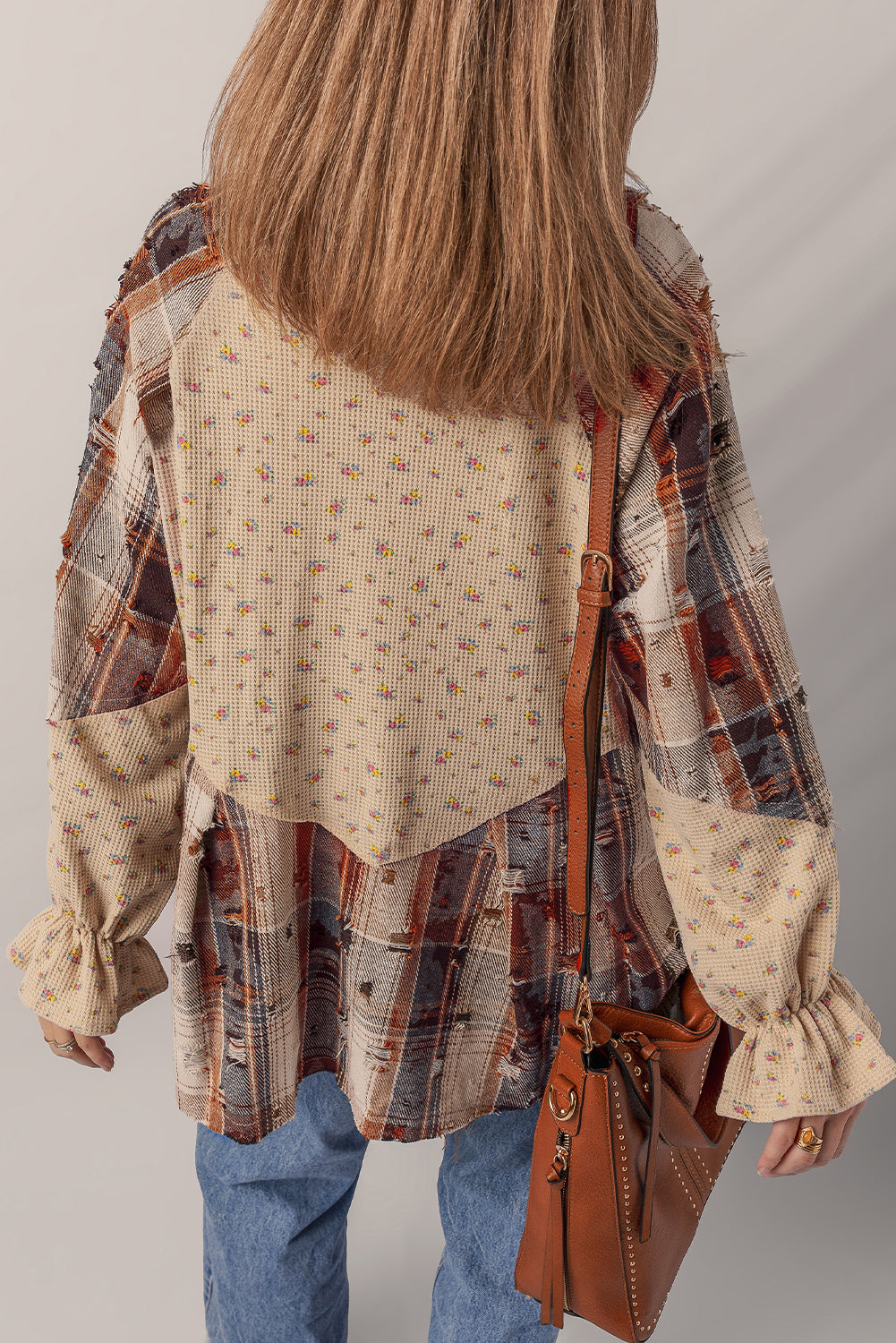 Floral Plaid Patchwork Ruffle Waffle Knit Shacket