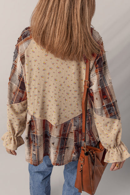 Floral Plaid Patchwork Ruffle Waffle Knit Shacket