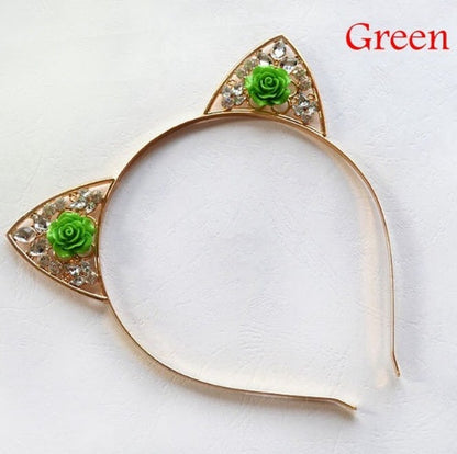 Alloy Diamond Rose Cat Ears Headband