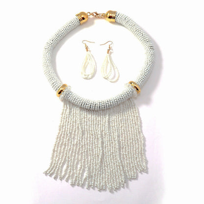 Ethnic Style Tassel Bead Necklace And Earrings Suite