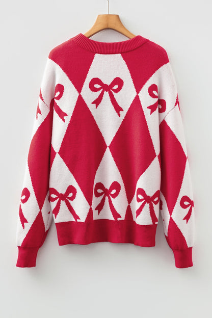 Bow Colorblock Rhombus Drop Shoulder Sweater