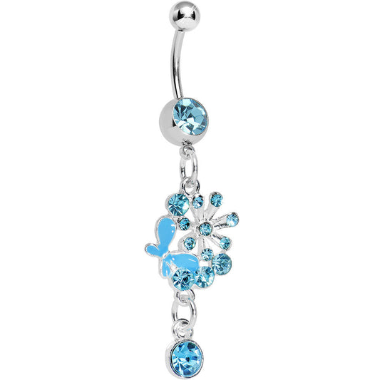 Single Gem Aqua Floral Burst Butterfly Dangle Belly Ring