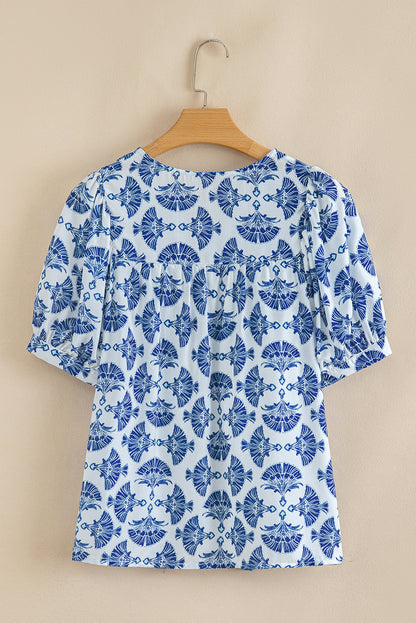 Geometric Tassel Drawstring V-Neck Blouse