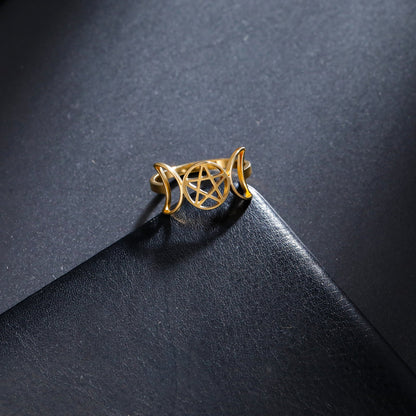 Temperament Wild Couple Ornament Double Moon Pentagram Stainless Steel Ring