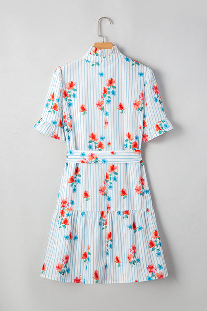 Stripe Floral Ruffle Sleeve Belted Mini Dress