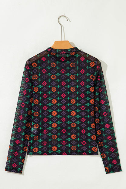 Western Aztec Mesh Long Sleeve Top