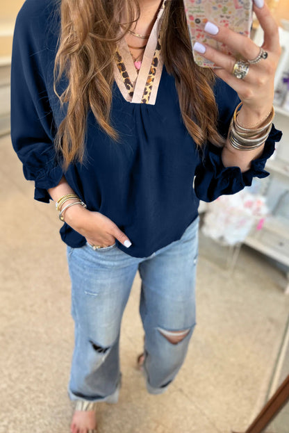 Leopard Trim Flounced  3/4 Sleeve V-Neck Blouse