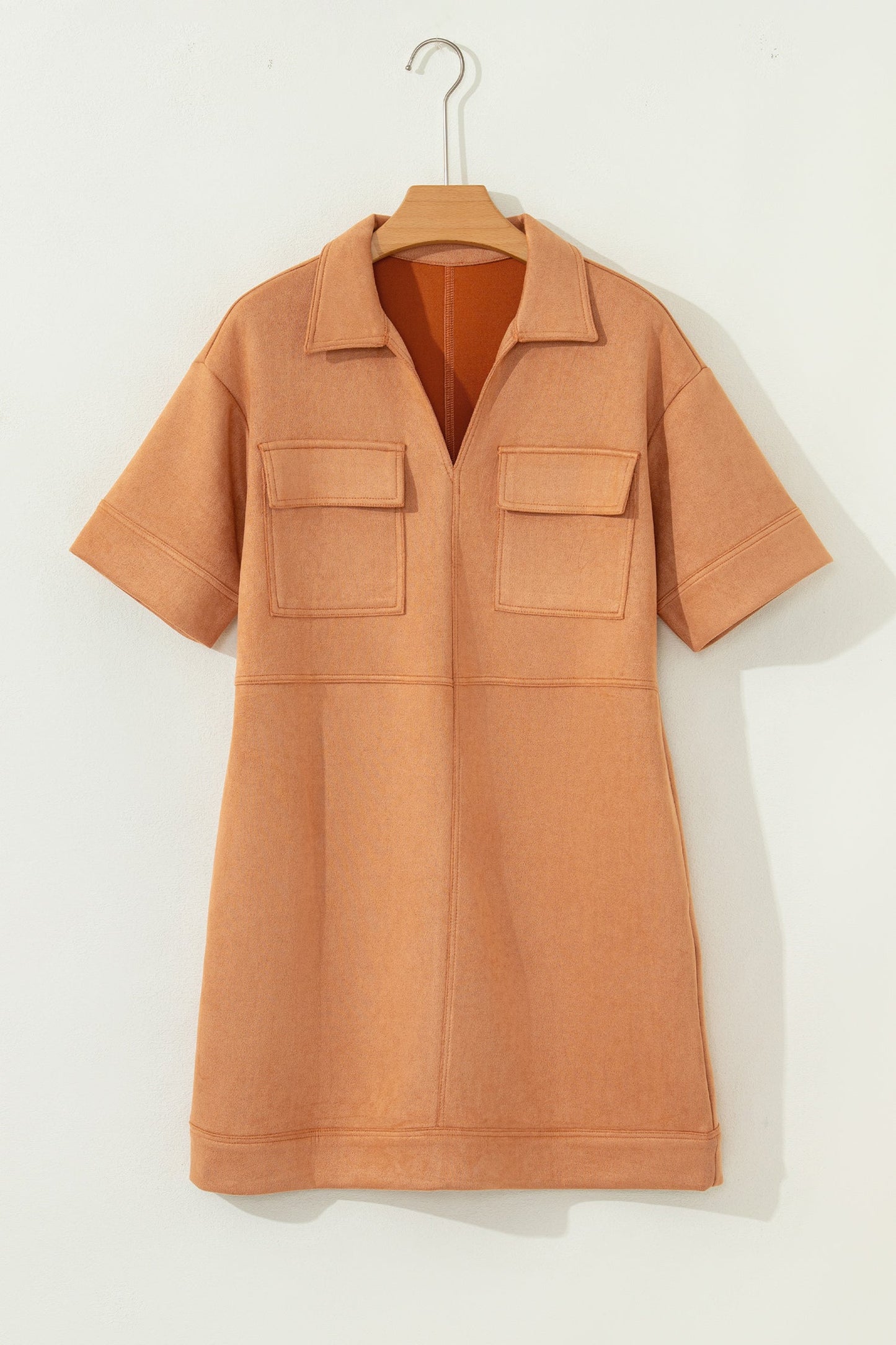 Collared V-Neck Faux Suede Short Sleeve Dress