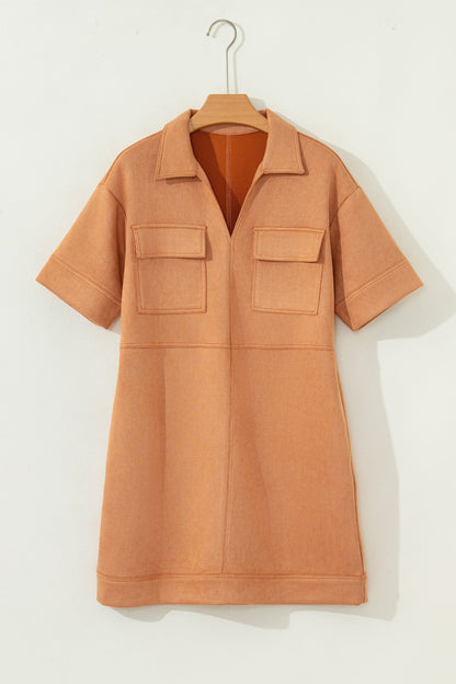 Collared V-Neck Faux Suede Short Sleeve Dress
