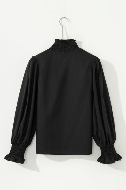 Leopard Trim V-Neck Puffy Flounce Sleeve Blouse