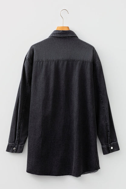 Solid Denim Chest Pocket Raw Hem Shirt Dress