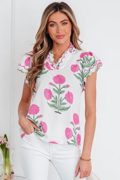Wild Flower Contrast Trim Scallop Short Sleeve Blouse