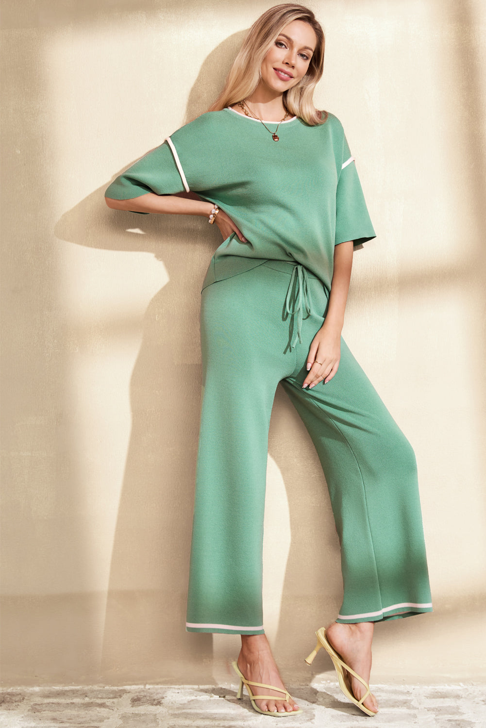 Contrast Trim Half Sleeve Top & Drawstring Pants