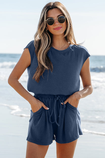 Knit Open Back Cap Sleeve Drawstring Romper