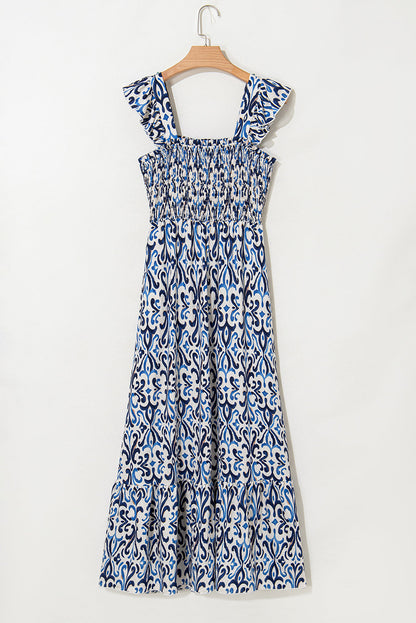 Abstract Boho Smocked Bodice High-Waist Maxi Dress