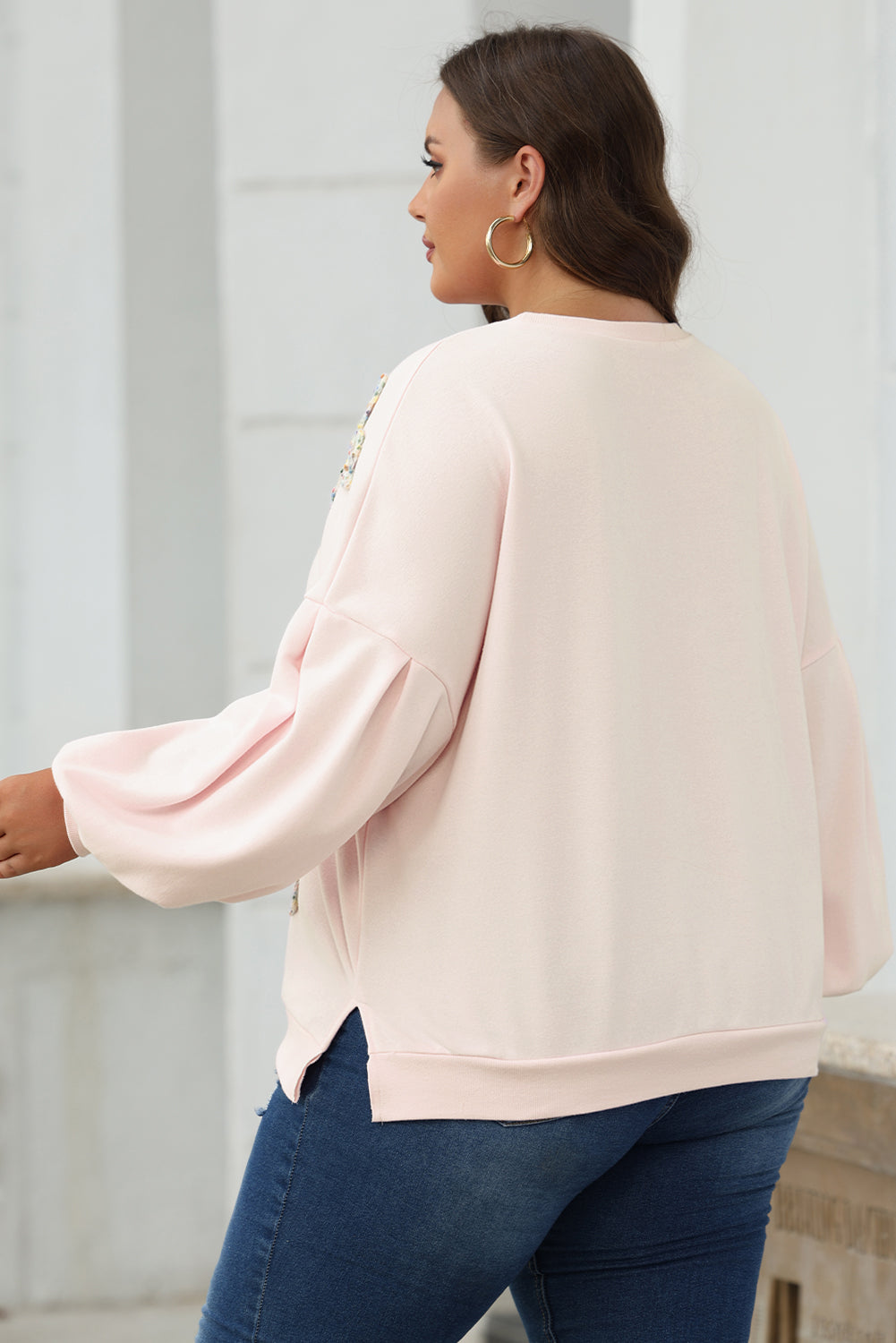 Valentine Bow Embroidered Lantern Sleeve Sweatshirt