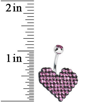 Pink Gem Paved Black Valentine Heart Belly Ring