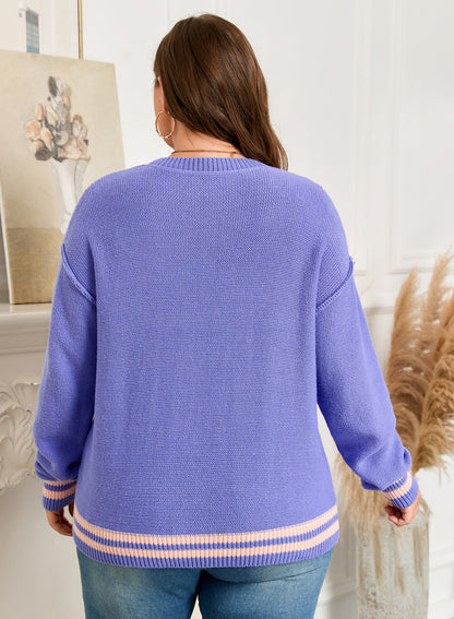 Plus Size Stripe Trim Colorblock Drop Shoulder Sweater