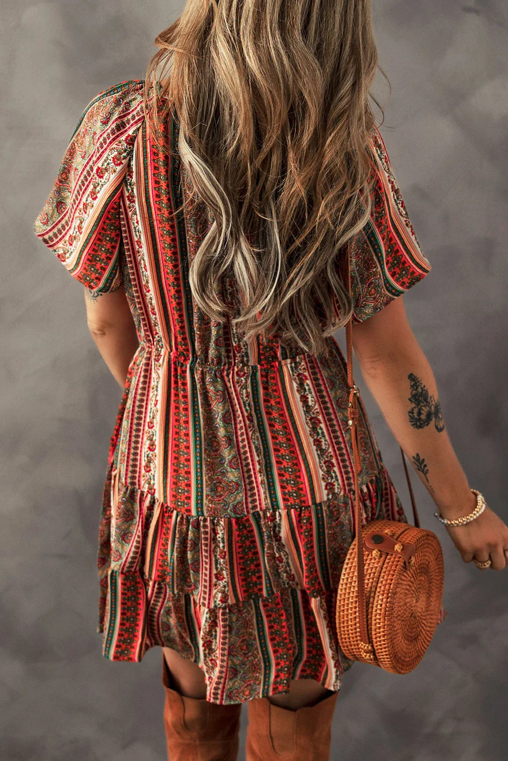 Floral Boho Buttoned V-Neck Ruffle Tiered Dress