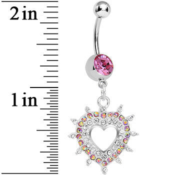 Pink Gem Crystalline Royal Hollow Heart Dangle Belly Ring