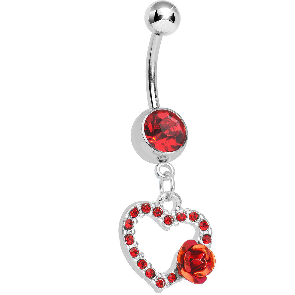 Red Gem Paved Hollow Heart with Sweet Rose Flower Dangle Belly Ring