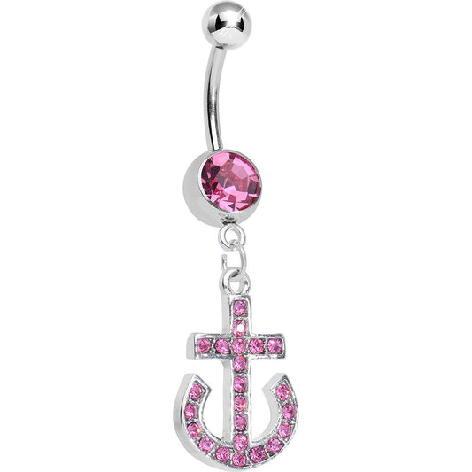 Pink Gem Paved Sparkling Anchor Dangle Belly Ring