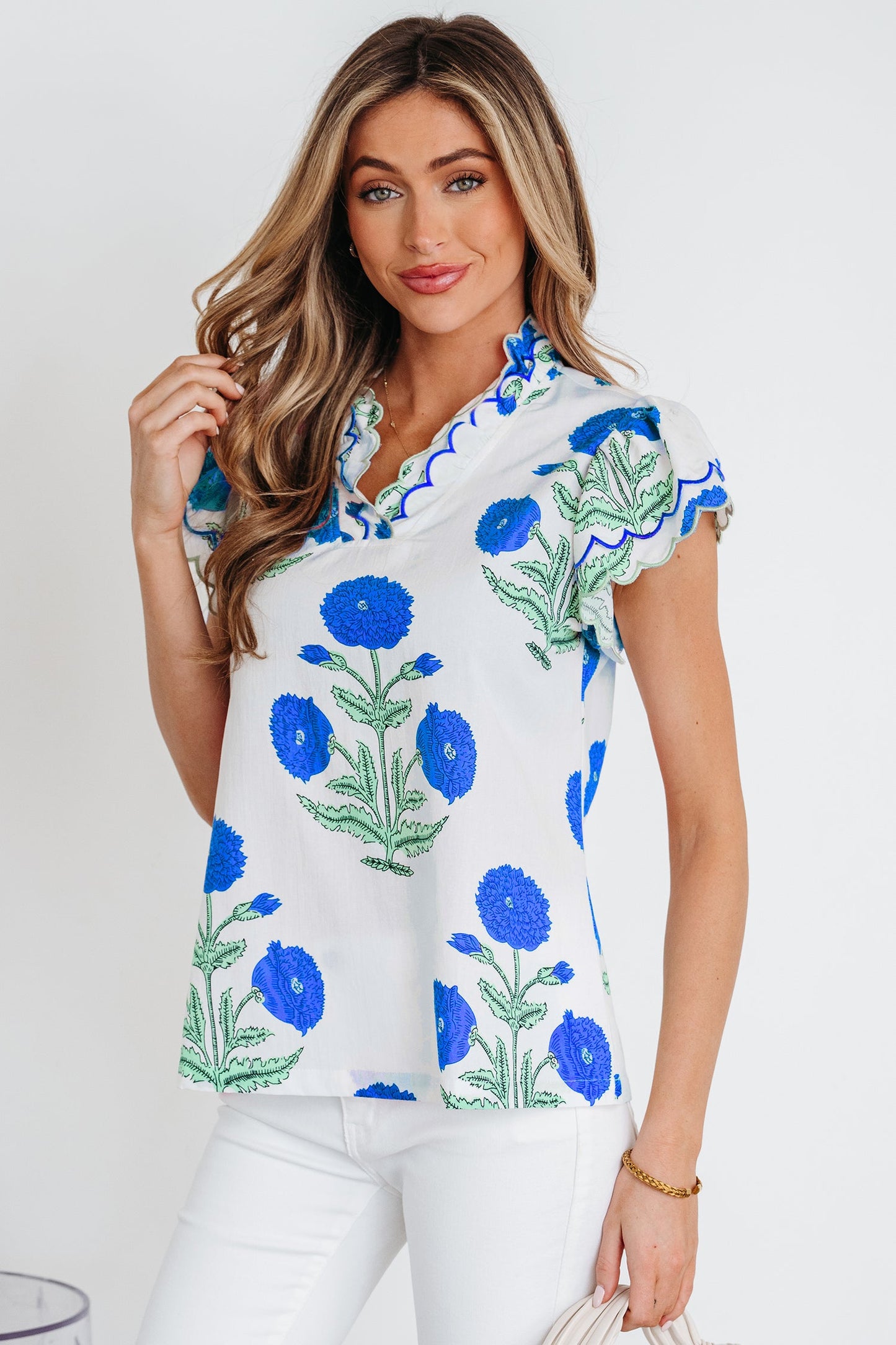 Wild Flower Contrast Trim Scallop Short Sleeve Blouse