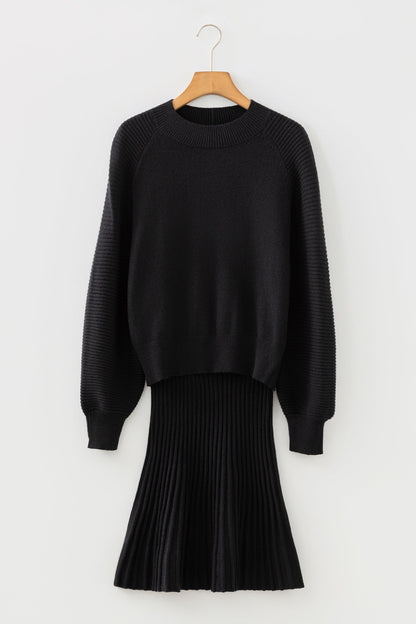 Solid High Neck Sweater and Pleated Mini Skirt Set