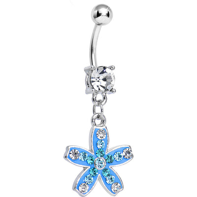 Clear Gem Sparkling Paved Aqua Star Flower Dangle Belly Ring