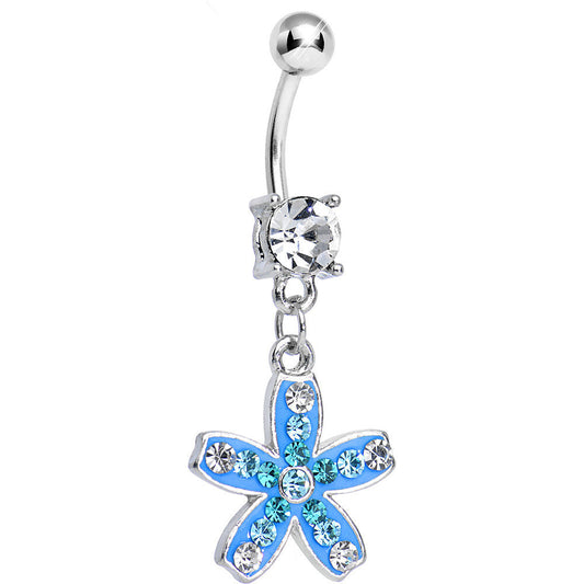 Clear Gem Sparkling Paved Aqua Star Flower Dangle Belly Ring