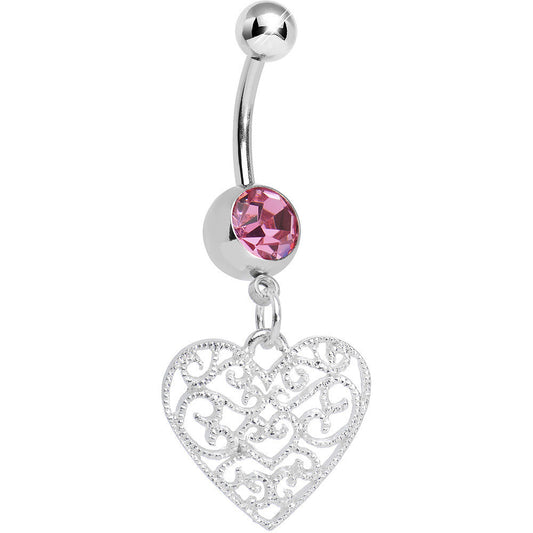 Pink Gem Filigree Heart Dangle Belly Ring