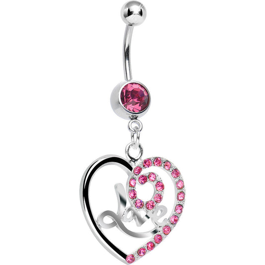 Pink Gem Gleaming Love Heart Dangle Belly Ring