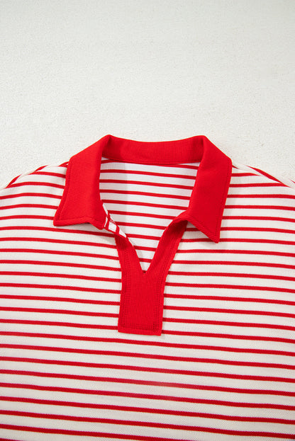 Stripe Collared V-Neck Pullover and Skort Set