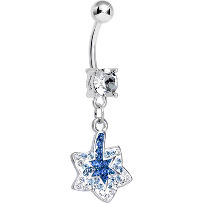 Crystalline Blue Gem Paved Layered Star of David Dangle Belly Ring