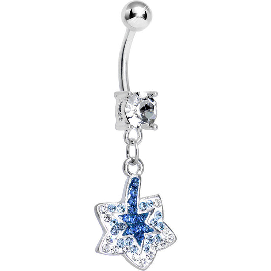Crystalline Blue Gem Paved Layered Star of David Dangle Belly Ring