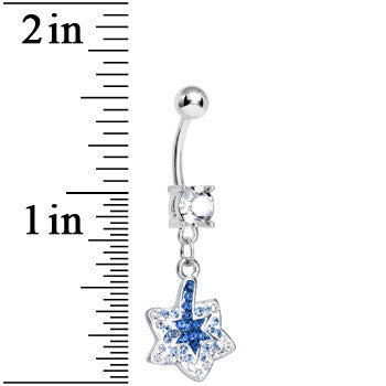 Crystalline Blue Gem Paved Layered Star of David Dangle Belly Ring