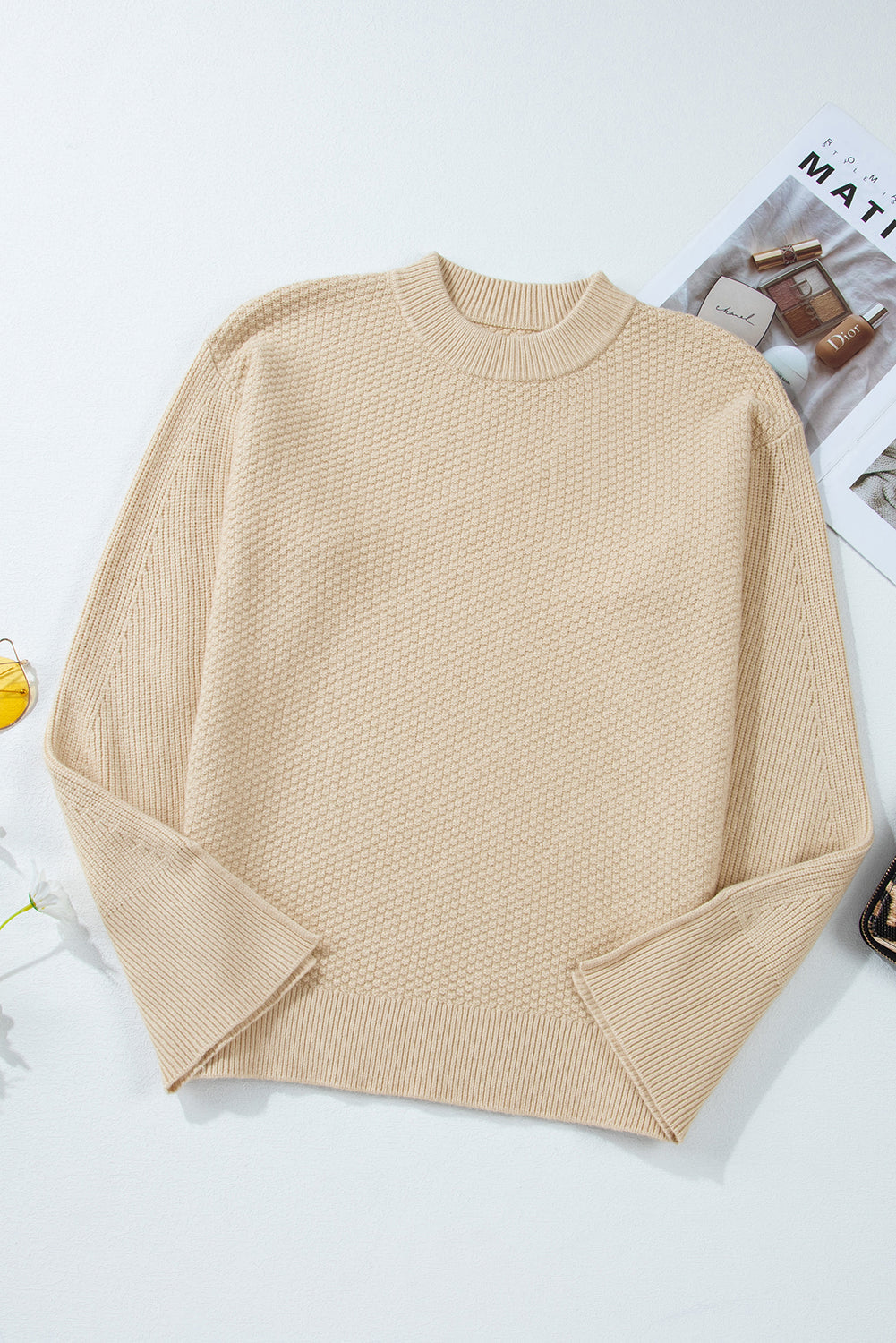 Solid Textured Knit Split Cuff Drop Shoulder Sweater