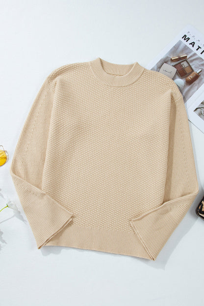 Solid Textured Knit Split Cuff Drop Shoulder Sweater