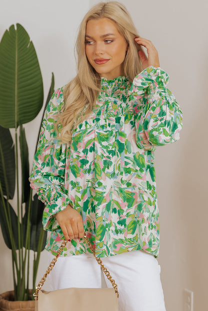 Leaf Flounce Sleeve Shirred Mock Neck Blouse