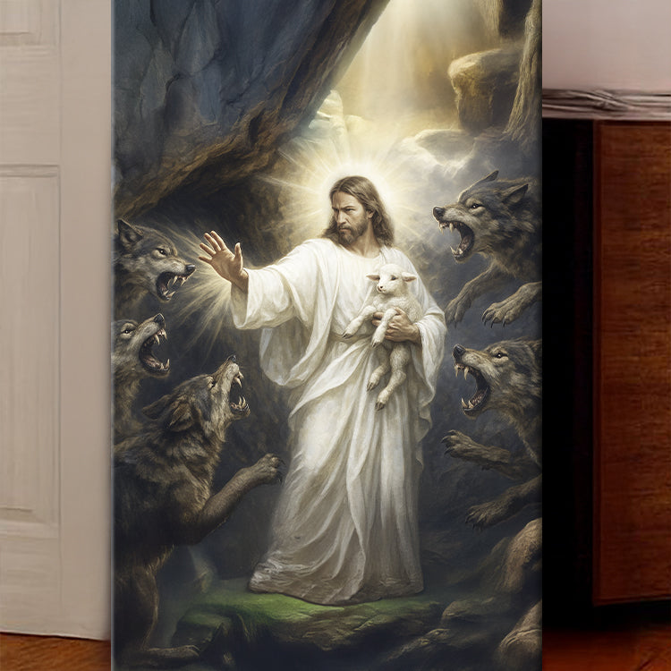 Jesus Protects The Lamb From Wolves Faith Wall Art XV